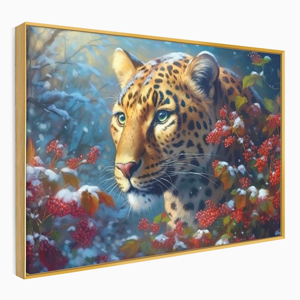 Tablou canvas cu tablou canvas cu jaguar in zapada, in rama de aluminiu auriu